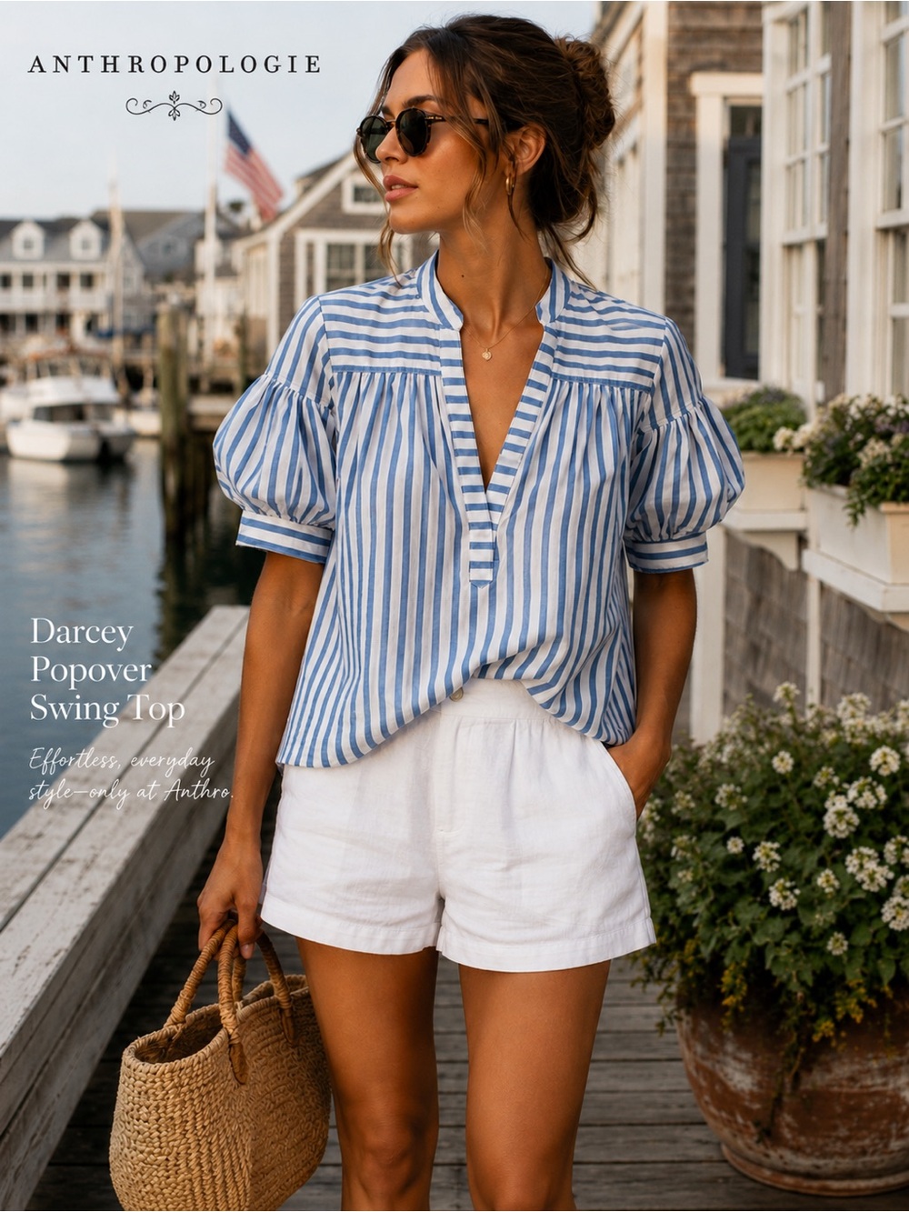 Anthropologie Darcey Popover Swing Top Blue White Stripe S Nautical Chic Cotton
